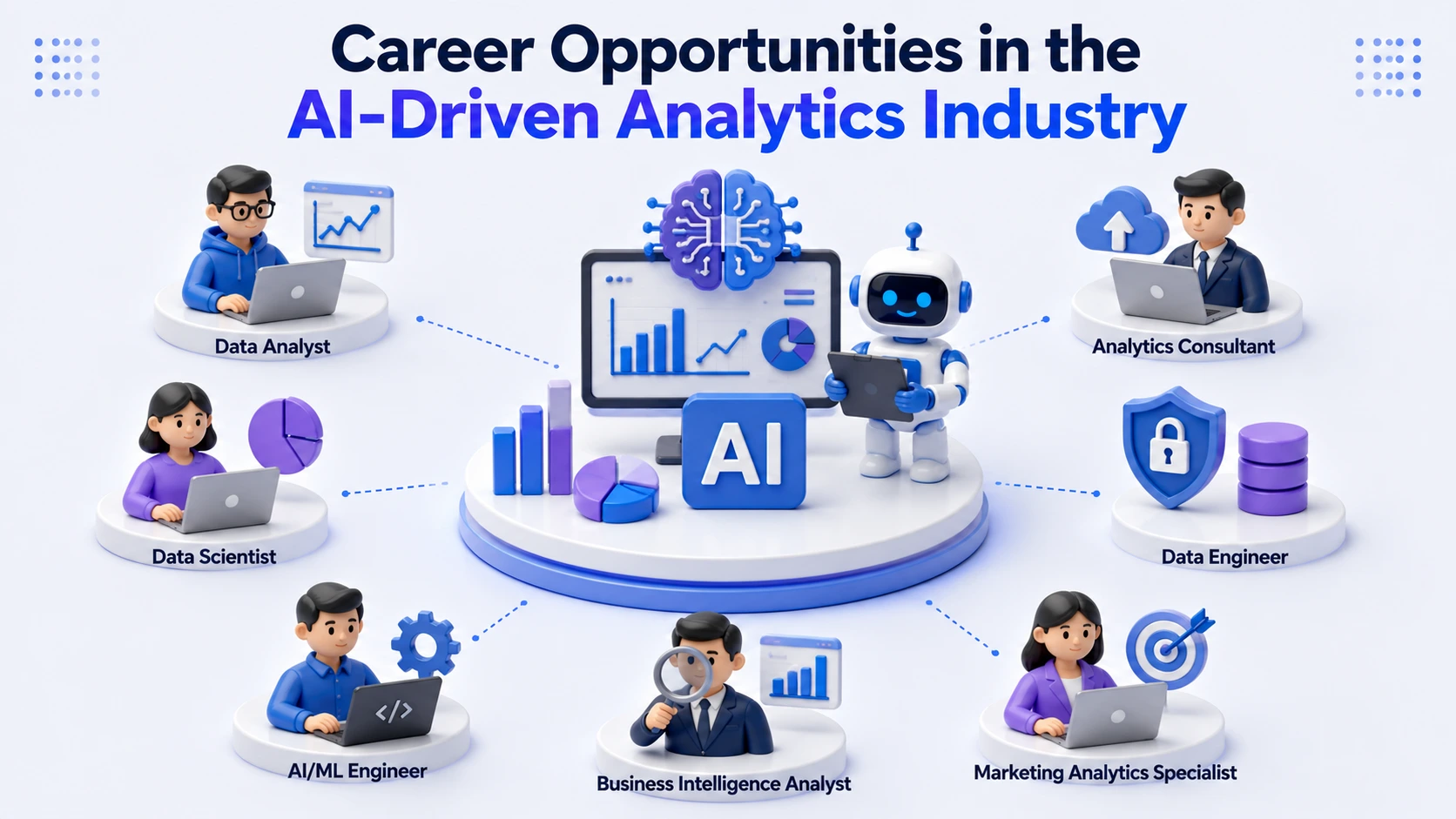 Career Opportunities in the AI-Driven Analytics Industry featuring roles such as Data Analyst, AI Analyst, Business Intelligence Analyst, Data Scientist, Machine Learning Engineer, and Analytics Consultant.